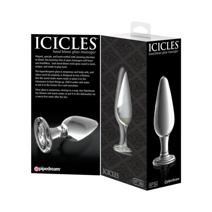 A black box labeled "Icicles No. 26 Clear Glass Butt Plug" shows an image of a clear borosilicate glass butt plug, highlights its temperature play feature, and includes descriptive text plus the Pipedream logo on the front and side.