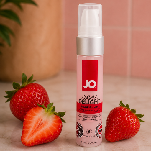 A 1 oz bottle of JO Oral Delight Strawberry Arousal Gel rests on marble beside fresh strawberries. The pink and white bottle features the Strawberry Sensation flavor, highlighting delicious oral pleasure against a softly blurred background.