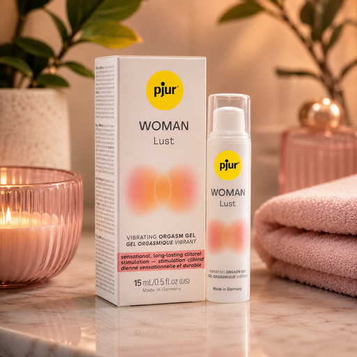 Pjur Woman Lust 15ml orgasm gel bottle and white box with yellow branding on a marble surface with a candle and towel.