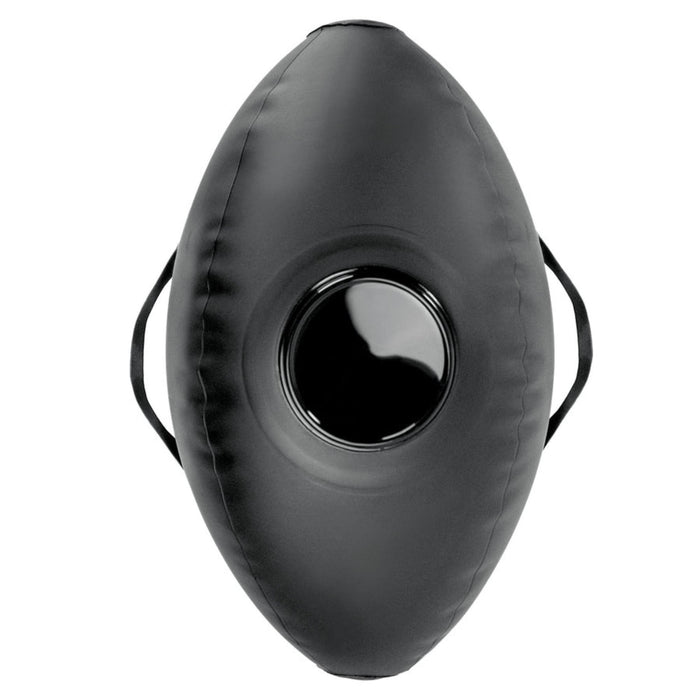 A black, oval inflatable love ball ride-on sex cushion with a shiny central target and two side handles, featuring a sturdy grip like that found on a Body Dock Dildo Mount.