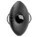 A black, oval inflatable love ball ride-on sex cushion with a shiny central target and two side handles, featuring a sturdy grip like that found on a Body Dock Dildo Mount.