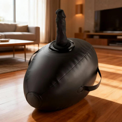 A black Inflatable Love Ball Ride on Sex Cushion with Dildo Mount rests on the floor, paired with another sleek black object.