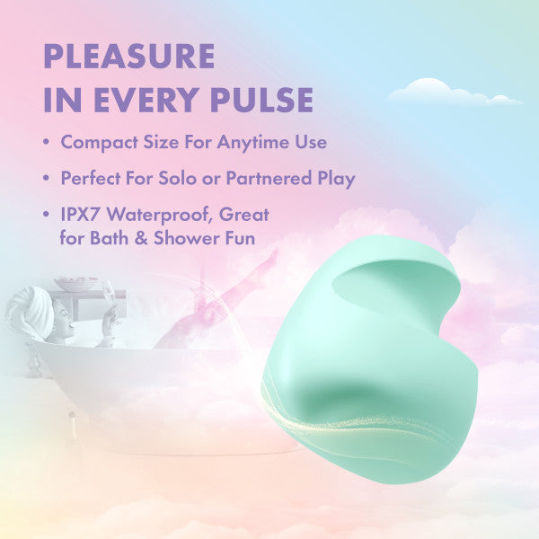 The Dream Crush Waterproof Ergonomic Finger Vibrator, in mint green body-safe silicone, is shown on a pastel background with clouds and a bathtub. Text highlights its compact size, IPX7 waterproof rating, and perfect use for solo or partner play.