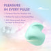 The Dream Crush Waterproof Ergonomic Finger Vibrator, in mint green body-safe silicone, is shown on a pastel background with clouds and a bathtub. Text highlights its compact size, IPX7 waterproof rating, and perfect use for solo or partner play.