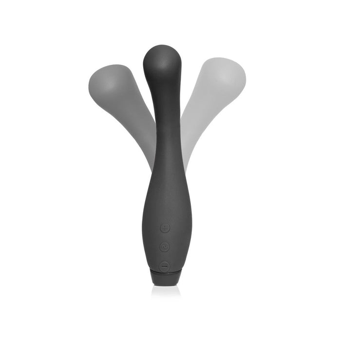 Presenting the Je Joue Juno Flex G Spot Vibrator in sleek black. This elegant, wand-like vibrator features three distinct positions, a rounded head, and a handle with three buttons. Displayed against a plain white background to emphasize its sophisticated design by Je Joue.