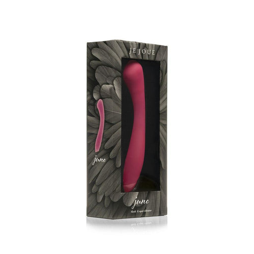 A fuchsia Je Joue Juno G Spot Vibrator is displayed in a standing black and gray box with feather designs. The box has a clear plastic window revealing the toy inside and is labeled with the brand "Je Joue" and the model name "Juno.