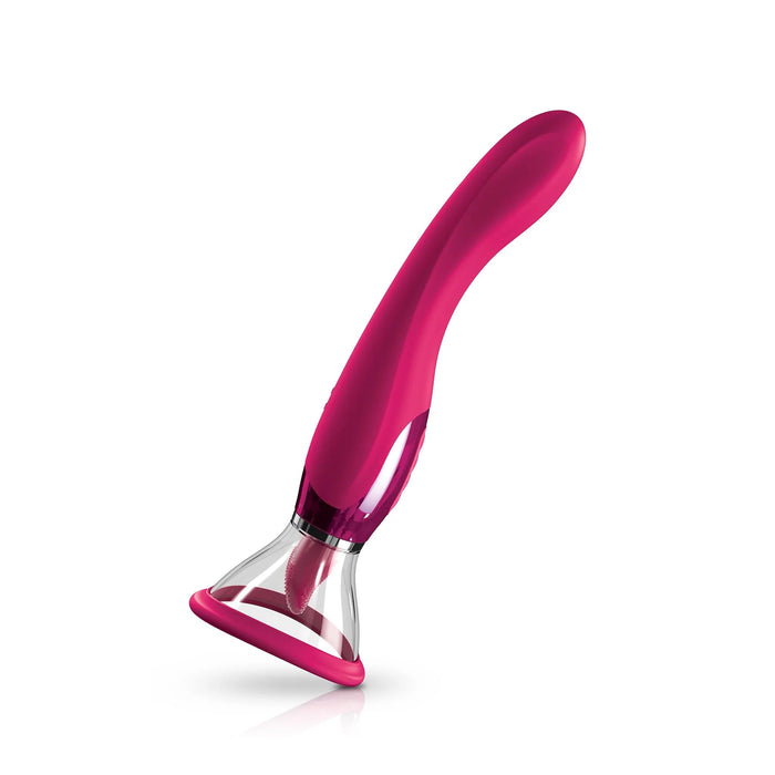 A pink, ergonomic handheld device with a curved handle and a transparent suction cup at one end against a white background. The sleek and modern design of the Jimmyjane Apex Double Ended Licking, Sucking G-Spot Vibrator by Pipedream Products makes it perfect for clitoral stimulation.