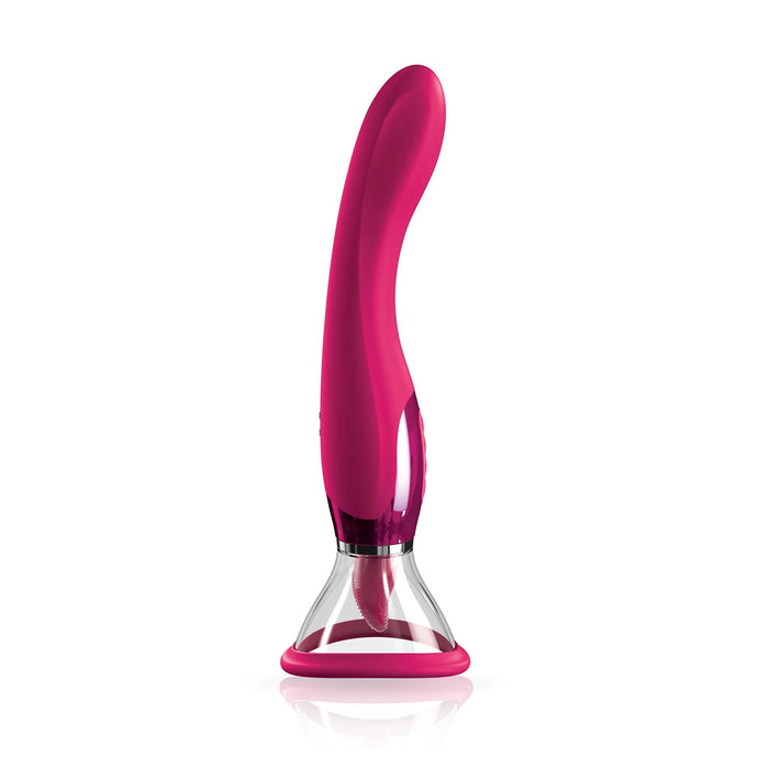 The Jimmyjane Apex Double Ended Licking, Sucking G-Spot Vibrator by Pipedream Products is a pink handheld device with a transparent suction cup base. It features sleek lines and a shiny finish, with an ergonomic design that suggests it is a modern personal care tool offering clitoral stimulation and multifunctional vibrating capabilities.