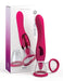 The Jimmyjane Apex Double Ended Licking, Sucking G-Spot Vibrator - Pink by Pipedream Products is displayed in front of its packaging box. The box showcases an image of the product and highlights features such as clitoral stimulation and 4 powerful vibration modes. The massager includes a cup attachment and a flexible ring.