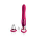 The Jimmyjane Apex Double Ended Licking, Sucking G-Spot Vibrator from Pipedream Products is a sleek, pink, multi-function vibrator featuring a rounded end and buttons on the handle. It comes with various clear attachments including a dome-shaped cover, a cup-shaped cover, and a small textured tip against a white background.