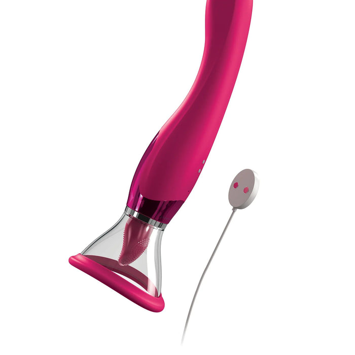 Introducing the Jimmyjane Apex Double Ended Licking, Sucking G-Spot Vibrator by Pipedream Products - Pink. This elegant handheld beauty device features a curved body with a suction cup at one end and a connected control button through a cord, perfect for clitoral stimulation. The suction cup includes a transparent section, while the circular control button has two small openings that resemble eyes.