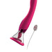 Introducing the Jimmyjane Apex Double Ended Licking, Sucking G-Spot Vibrator by Pipedream Products - Pink. This elegant handheld beauty device features a curved body with a suction cup at one end and a connected control button through a cord, perfect for clitoral stimulation. The suction cup includes a transparent section, while the circular control button has two small openings that resemble eyes.