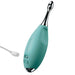 A sleek, turquoise, handheld electronic facial massager by Pipedream Products features a contoured ergonomic design. Equipped with a metallic tip and base, it offers powerful vibrations controlled by a power button and includes a charging port attached to a white cable. The brand name "Jimmyjane" is imprinted on the side.