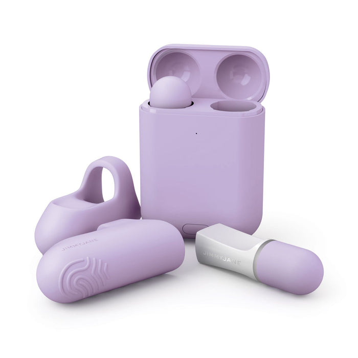 A set of pastel purple personal care gadgets from Pipedream Products. The image showcases the Jimmyjane Hello Touch Pro, including two cylindrical bullets with finger sleeves, a wearable ring-shaped gadget, rectangular device, and a charging case containing a rounded, sphere-like item. All items share a sleek and uniform design in elegant pastel purple.