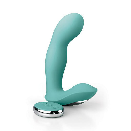 The Jimmyjane Pulsus Hands-Free G-Spot Fingering Vibrator with Remote - Teal by Pipedream Products features a teal-colored, curved design with an attached silver base housing control buttons. Its sleek form includes a contoured handle for ease of use and dual vibrating motors to enhance pleasure. The device is presented on a white background.