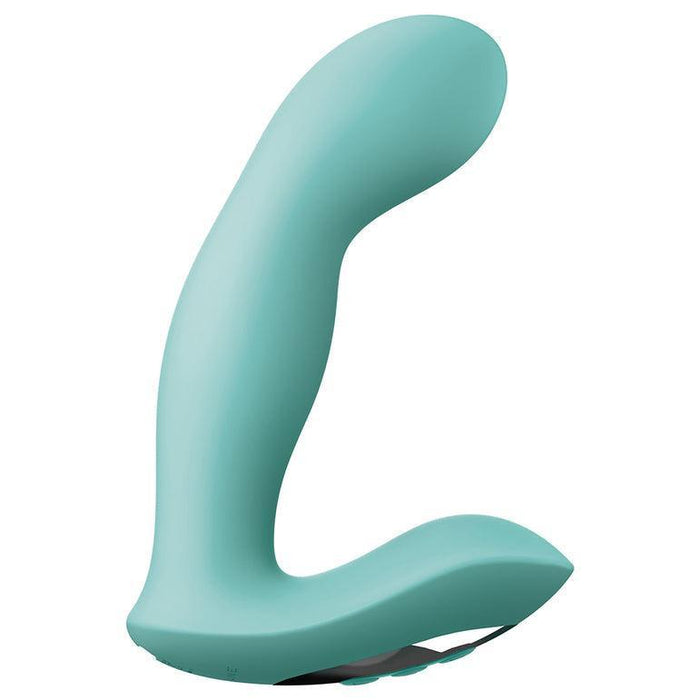The Jimmyjane Pulsus Hands-Free G-Spot Fingering Vibrator with Remote, by Pipedream Products, is a teal, ergonomically designed personal massager featuring a curved, L-shaped form and smooth surface. It includes dual vibrating motors and boasts a broad, rounded tip on one end with a sturdier base housing the controls for seamless operation.