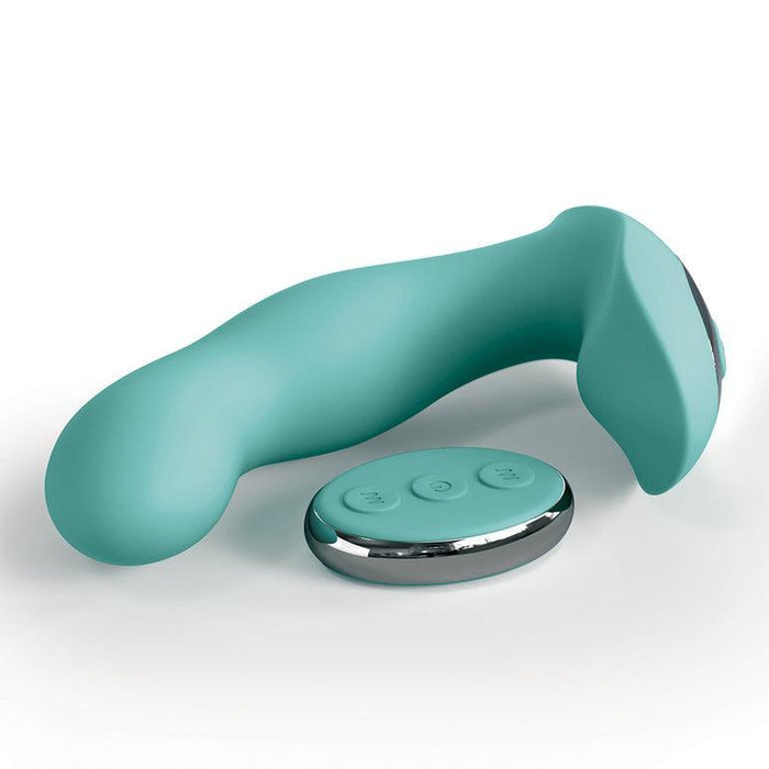 Displayed on a white background is the Jimmyjane Pulsus Hands-Free G-Spot Fingering Vibrator with Remote in teal by Pipedream Products. This ergonomically-shaped personal massager, featuring smooth curves, comes with dual vibrating motors and a matching oval-shaped remote control equipped with three buttons.