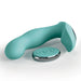 Displayed on a white background is the Jimmyjane Pulsus Hands-Free G-Spot Fingering Vibrator with Remote in teal by Pipedream Products. This ergonomically-shaped personal massager, featuring smooth curves, comes with dual vibrating motors and a matching oval-shaped remote control equipped with three buttons.
