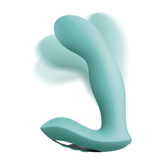 Introducing the Jimmyjane Pulsus Hands-Free G-Spot Fingering Vibrator with Remote by Pipedream Products in a captivating teal color. This ergonomically designed personal massager boasts a sleek, curved shape and multiple contours for varied stimulation. Equipped with dual vibrating motors, it promises an intense experience, all while being made from smooth, soft-touch material for enhanced comfort.