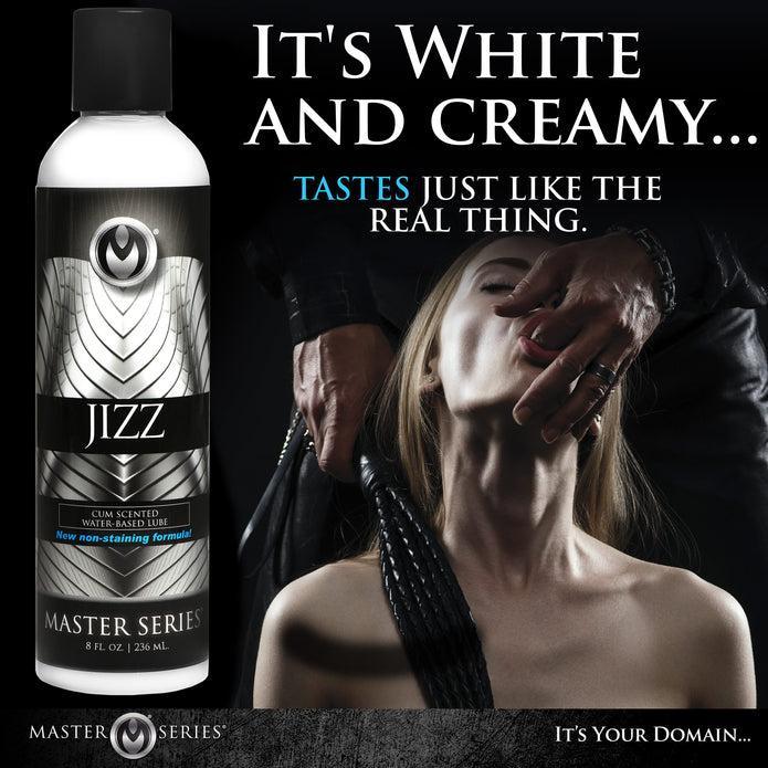 The XR Brands' Jizz Ultra Realistic Cum Scented Lube 8.5oz comes with the text "It's White and Creamy... TASTES JUST LIKE THE REAL THING." An image below depicts a person with their mouth being held open by a gloved hand, emphasizing that this cum-scented, water-based lubricant is also sex toy compatible.