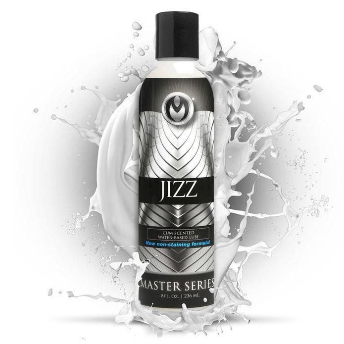 A bottle of Jizz Ultra Realistic Cum Scented Lube 8.5oz from XR Brands, featuring a cum-scented and water-based formula. The 8.5 fl. oz (251 mL) bottle boasts a non-staining design, set against a splash effect background that highlights the product.