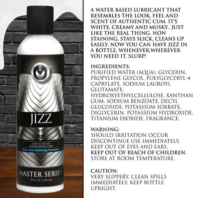 A bottle of "Jizz Ultra Realistic Cum Scented Lube 8.5oz" from XR Brands stands on a wooden surface. The front promotes it as a water-based lubricant that closely resembles semen. The text on the right provides details about its characteristics, ingredients, and safety warnings, highlighting its slippery nature and proper storage instructions. It is perfectly compatible with sex toys.