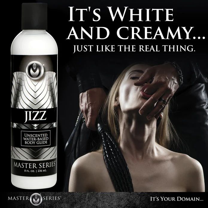 A bottle of Jizz Ultra Realistic Unscented Cum Lube, a water-based creamy lubricant, is shown left. On the right, someone holds a woman's face as she tilts her head back. The text says: "It's white and creamy... just like the real thing.