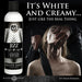 A bottle of Jizz Ultra Realistic Unscented Cum Lube, a water-based creamy lubricant, is shown left. On the right, someone holds a woman's face as she tilts her head back. The text says: "It's white and creamy... just like the real thing.