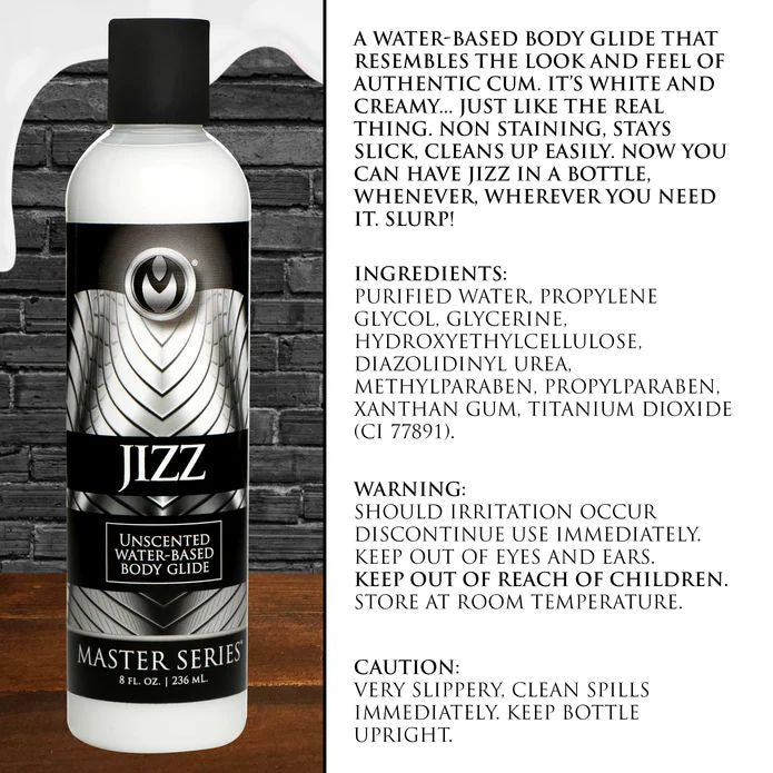 A bottle of "Jizz Ultra Realistic Unscented Cum Lube" sits on a table, with text and ingredients beside it, highlighting this creamy water-based lubricant’s ultra-realistic jizz-like look.