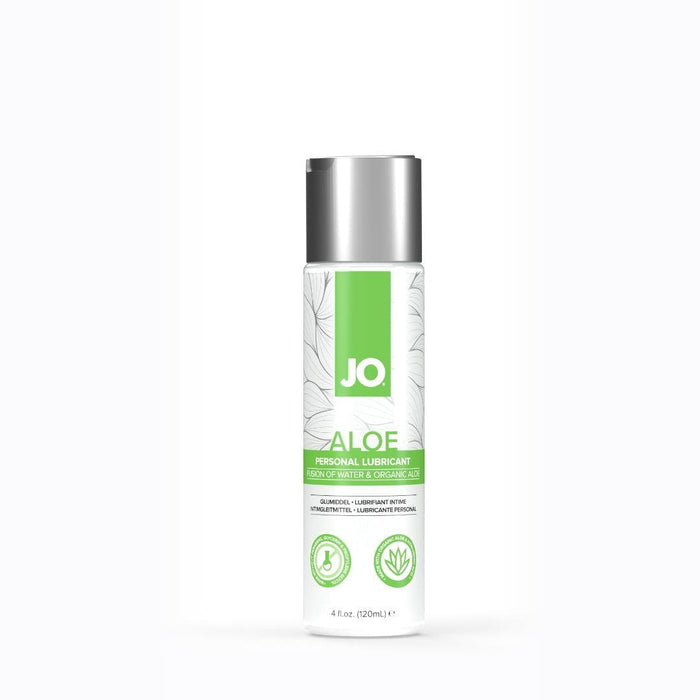 A 4 fl. oz. (120 ml) bottle of System Jo's Jo Aloe Water Based Sensitive Skin Lubricant comes in a white packaging with green accents and a silver cap, featuring symbols that indicate aloe and hypoallergenic properties. The label highlights its water-based formula, pH balance, and organic aloe content for gentle care.