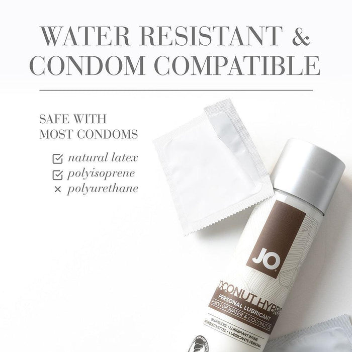 An image displays a bottle of JO Coconut Hybrid Original Lubricant by System Jo, accompanied by an unwrapped condom. The text reads, "Water Resistant & Condom Compatible. Paraben Free, Safe with Most Condoms: natural latex, polyisoprene, polyurethane." The bottle features the System Jo branding.