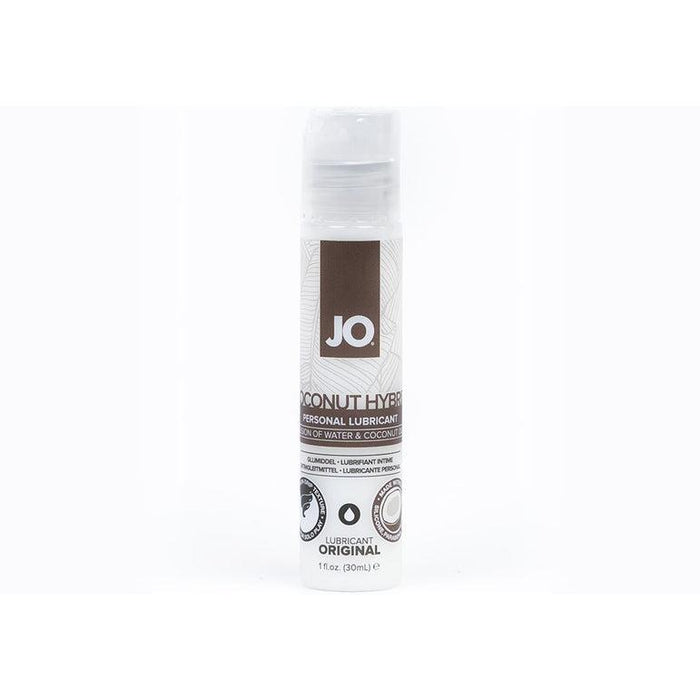A bottle of System Jo JO Coconut Hybrid Original Lubricant is displayed against a white background. The cylindrical bottle features a white label with brown and gray accents, indicating the product inside is a paraben-free, water-based coconut hybrid lubricant in a 1 fl. oz. (30 ml) size.