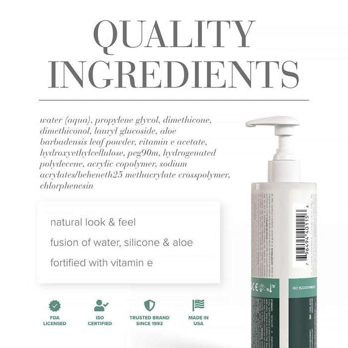 The JO Cumplay Hybrid Personal Lubricant with Aloe by System Jo comes in a white pump bottle featuring a label that lists ingredients and product benefits, emphasizing its aloe-infused formulation for a natural look and feel. The blend of water, silicone, and aloe delivers a creamy texture enriched with vitamin E, with quality certifications displayed at the bottom.