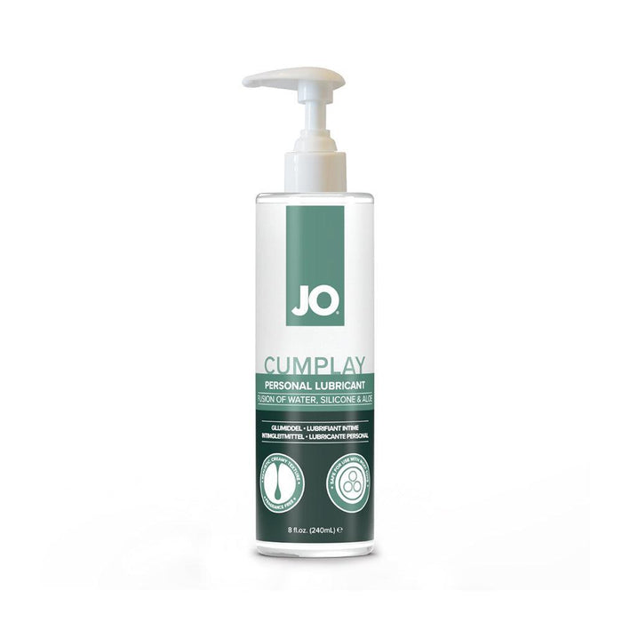 The JO Cumplay Hybrid Personal Lubricant with Aloe by System Jo offers a creamy texture and convenient pump top, making it perfect for enhancing your cumplay fantasies. This 8 oz hybrid formula combines water and silicone, is infused with aloe, free of harmful ingredients, and features a sleek teal and white design.