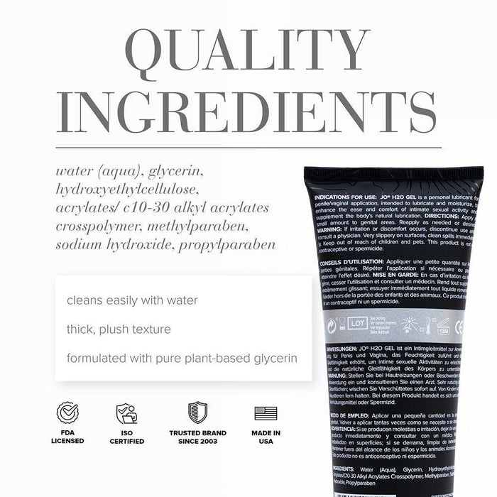 A tube of JO H2O Gel Ultra Thick Water Based Lubricant by System Jo features the text "QUALITY INGREDIENTS" above its ingredient list, which includes water, glycerin, and hydroxyethylcellulose. The label highlights benefits such as easy cleaning with water, a thick moisturizing texture, and plant-based glycerin. Various certification icons are displayed on the packaging.