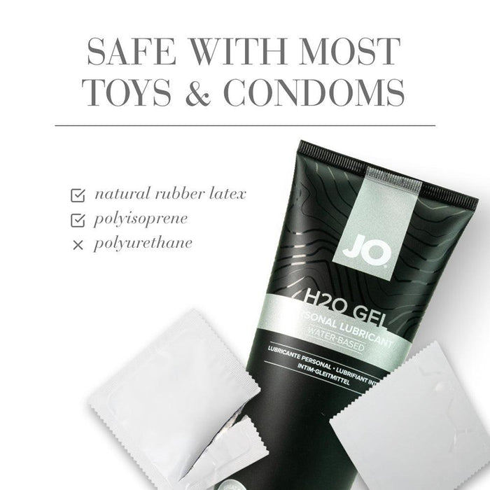 An open box with a bottle of JO H2O Gel Ultra Thick Water Based Lubricant from System Jo, and two condoms next to it. Text reads, "SAFE WITH MOST TOYS & CONDOMS" and mentions "natural rubber latex" and "polyisoprene" as safe options, while noting that "polyurethane" is unsafe. This ultra-thick lube ensures smooth, moisturizing comfort.