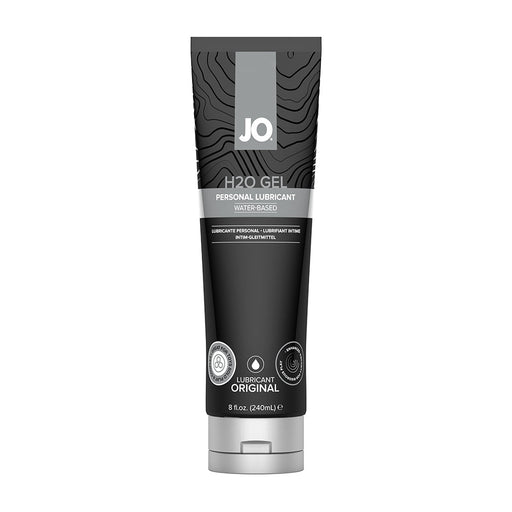 A black and gray tube of System Jo's JO H2O Gel Ultra Thick Water Based Lubricant, available in an 8 fl oz (240 mL) volume. The label features a modern design, emphasizing its higher glycerin content and original formula for a thick lube experience.