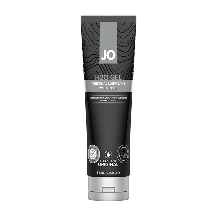 A black and gray tube of System Jo's JO H2O Gel Ultra Thick Water Based Lubricant, available in an 8 fl oz (240 mL) volume. The label features a modern design, emphasizing its higher glycerin content and original formula for a thick lube experience.