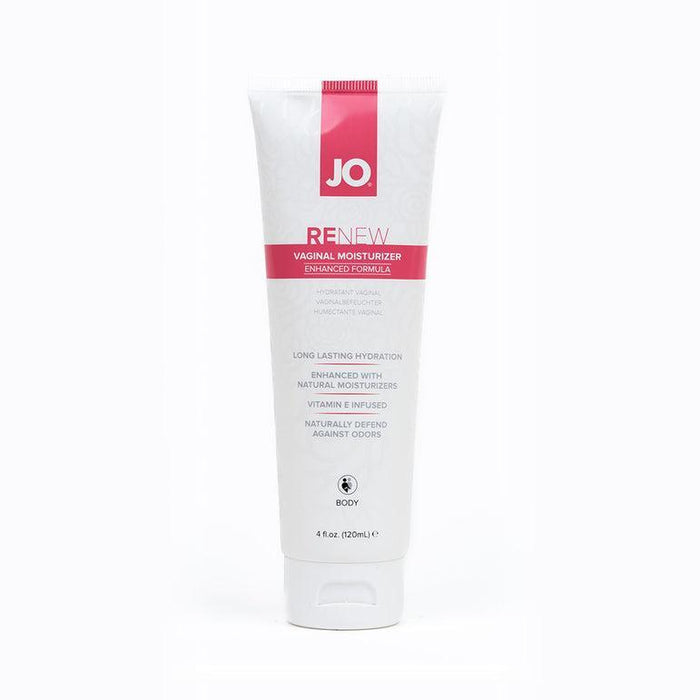 A white tube labeled "Jo Renewal Vaginal Moisturizer with Aloe Vera" from System Jo features a pink and white design. Its packaging highlights an enhanced formula providing long-lasting hydration to alleviate vaginal dryness with vitamin E and natural moisturizers, designed to naturally defend against odors. The size is 4 fl. oz (120 ml).