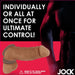 A bold advertisement features a muscular figure in the background. The text reads, "Individually Or All At Once For Ultimate Control!" Showcasing the Jock Discreet Stretchy Silicone Cock Ring Set of 3 - Chocolate by Curve Toys, made of stretchy silicone for comfort. Optional cock rings ensure an erection harder than ever.