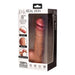 Introducing the Jock Real Skin 8 Inch Silicone Suction Cup Dildo with Balls in the rich caramel color by XR Brands. This product features lifelike veins, a vivid glans, and a dual density construction for an authentic experience. Crafted from 100% premium silicone, it includes an incredibly strong suction cup for versatile use. The packaging prominently displays its features and branding.