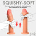 Two hands squeezing the Jock Real Skin 8.5 Inch Silicone Suction Cup Dildo in vanilla, highlighting its dual density design with a firm inner core and super soft, stretchable outer skin. The text above reads "SQUISHY-SOFT." Red arrows indicate the squeezing motion, while the "bck" logo is displayed at the bottom. The product is offered by XR Brands.