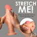 Someone stretches a vanilla-toned silicone dildo from XR Brands' Jock Real Skin collection, featuring a pink tip for realistic mimicry of human anatomy. Text reads "Stretch Me! Stretchy, dual density life-like skin for hand job pleasure." The JCK brand logo is in the corner.
