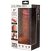 The image shows the Jock Real Skin 9 Inch Silicone Suction Cup Dildo with Balls in a caramel color, designed by XR Brands. The packaging emphasizes features such as "vivid glans," "lifelike veins," and "super stretchy skin," along with labels like "Real Skin" and "100% Premium Silicone.