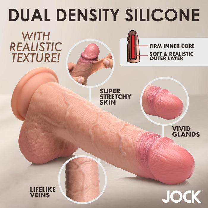 Illustration of the Jock Real Skin 9 Inch Silicone Suction Cup Dildo with Balls in caramel by XR Brands, showcasing its realistic features: a firm inner core, soft outer layer, lifelike texture and veins, super stretchy skin, vivid glands, and a sturdy suction cup base. The brand name "XR Brands" is elegantly displayed in the lower right corner.