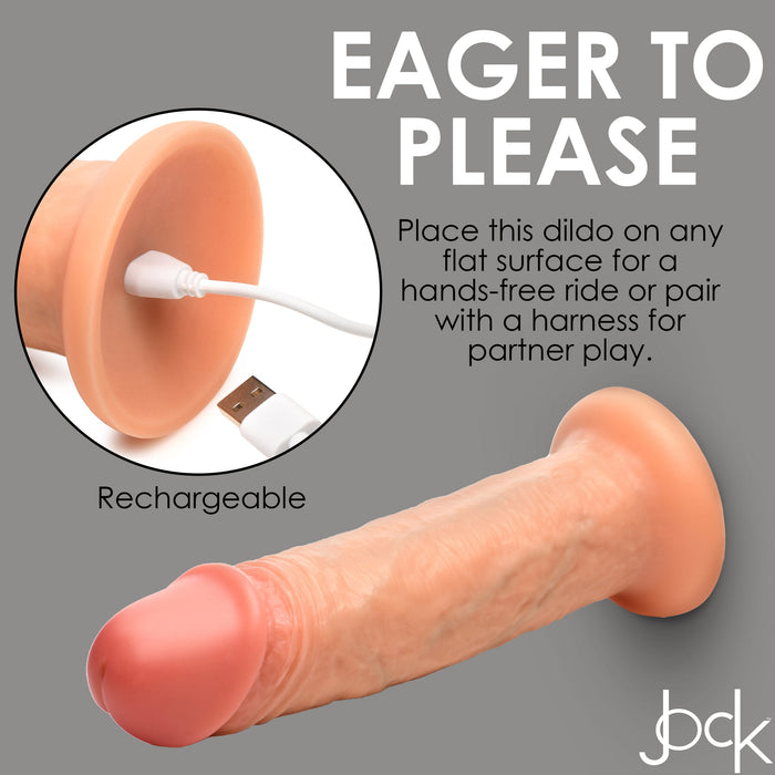 The image features the Jock Real Skin Vibrating 8 Inch Silicone Suction Cup Dildo - Vanilla by XR Brands, showcasing its realistic dual-density design and suction cup base. Accompanied by a USB charging cable, the text reads "Eager to Please," highlighting that the dildo is rechargeable and suitable for hands-free use or with a harness for partner play. The XR Brands logo is displayed at the bottom.