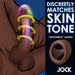 Illustration of a brown penis wearing the JOCK Silicone Cock & Ball Ring in Dark Skin Tone, with colorful vibration lines. Text reads "Discreetly matches skin tone," "'invisible' look!" and "Jock" along with an image of the ring product.