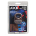The JOCK Silicone Cock & Ball Ring Dark Skin Tone comes in discreet packaging, emphasizes its stretchy silicone build, and offers light, medium, and dark skin tone options for an "invisible" match.