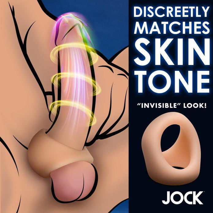 A digital illustration shows a penis wearing the JOCK Silicone Cock & Ball Ring Light Skin Tone, with text: "Discreetly matches skin tone," "'Invisible' look!" and the Jock brand. The product is designed for visual subtlety.