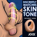 A digital illustration shows a penis wearing the JOCK Silicone Cock & Ball Ring Light Skin Tone, with text: "Discreetly matches skin tone," "'Invisible' look!" and the Jock brand. The product is designed for visual subtlety.